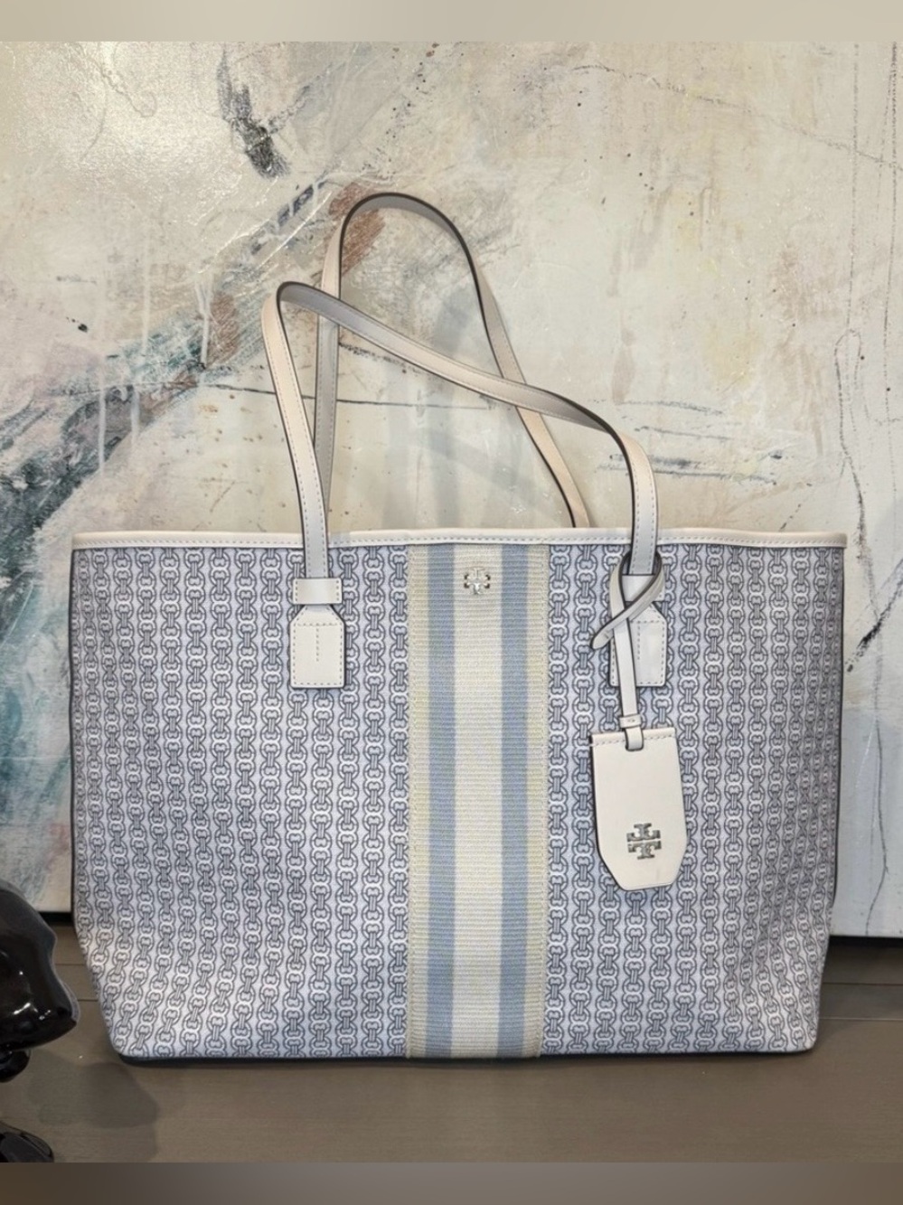 Authenticated Tory Burch Gemini Link Coated Canvas Tote Bag New Ivory